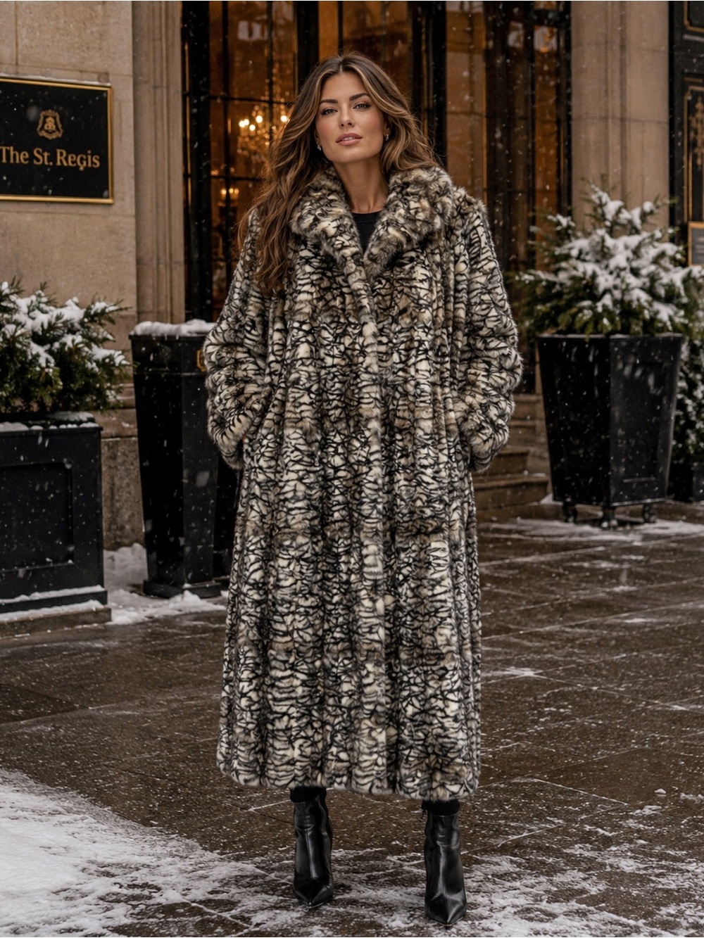 Black’s Furs Couture Black Gray Cream Rabbit Fur Full-Length Coat Size XL